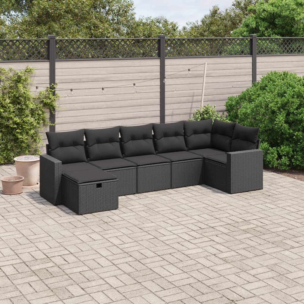 7 pcs conjunto de sofás p/ jardim c/ almofadões vime PE preto