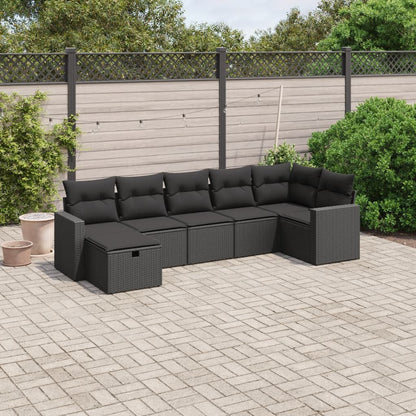 7 pcs conjunto de sofás p/ jardim c/ almofadões vime PE preto