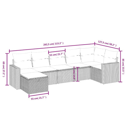 7 pcs conjunto de sofás p/ jardim c/ almofadões vime PE preto