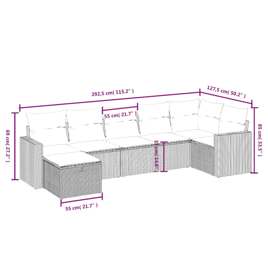 7 pcs conj. sofás jardim c/ almofadões vime PE bege misturado