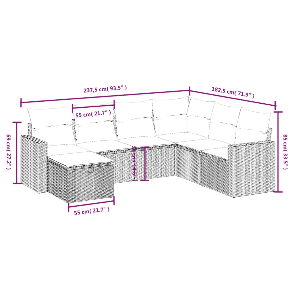 7 pcs conjunto de sofás p/ jardim c/ almofadões vime PE preto