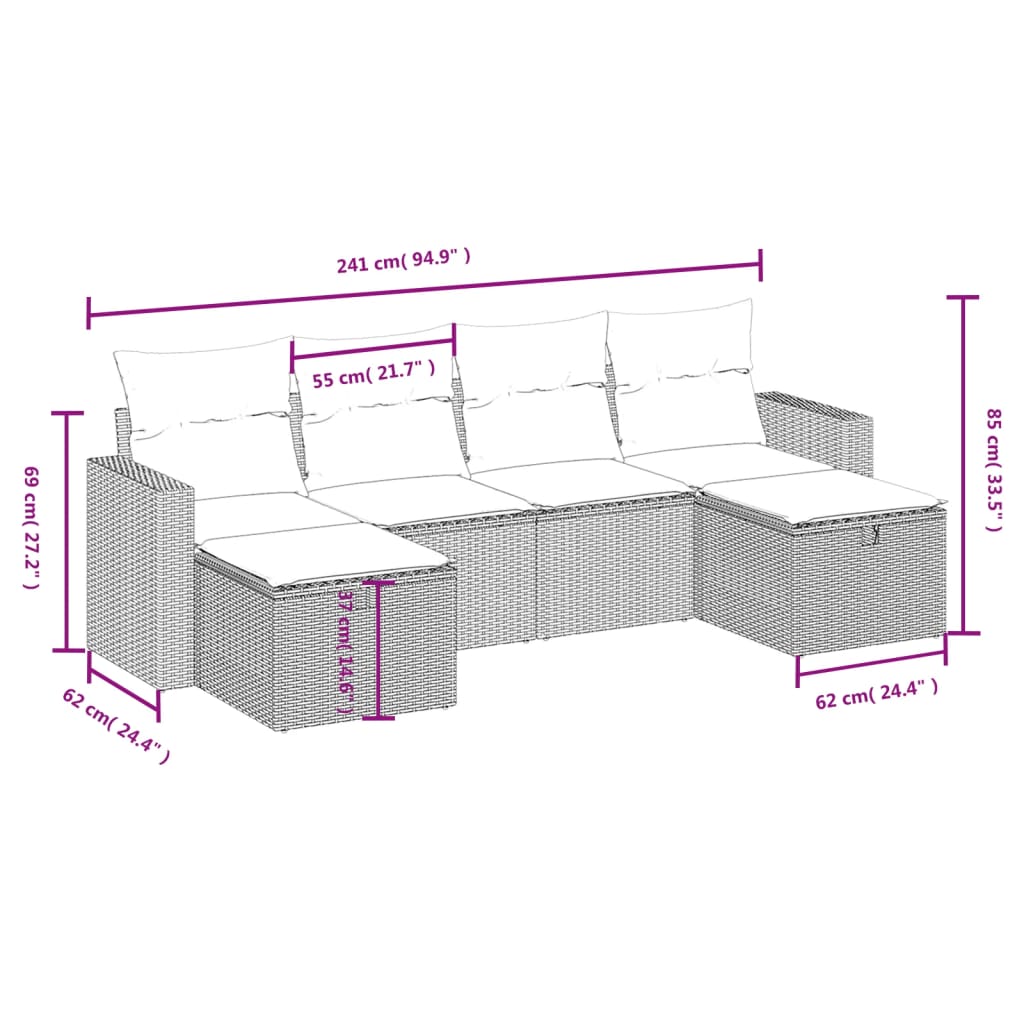 6 pcs conjunto sofás de jardim c/ almofadões vime PE preto