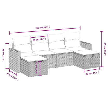 6 pcs conjunto sofás de jardim c/ almofadões vime PE preto