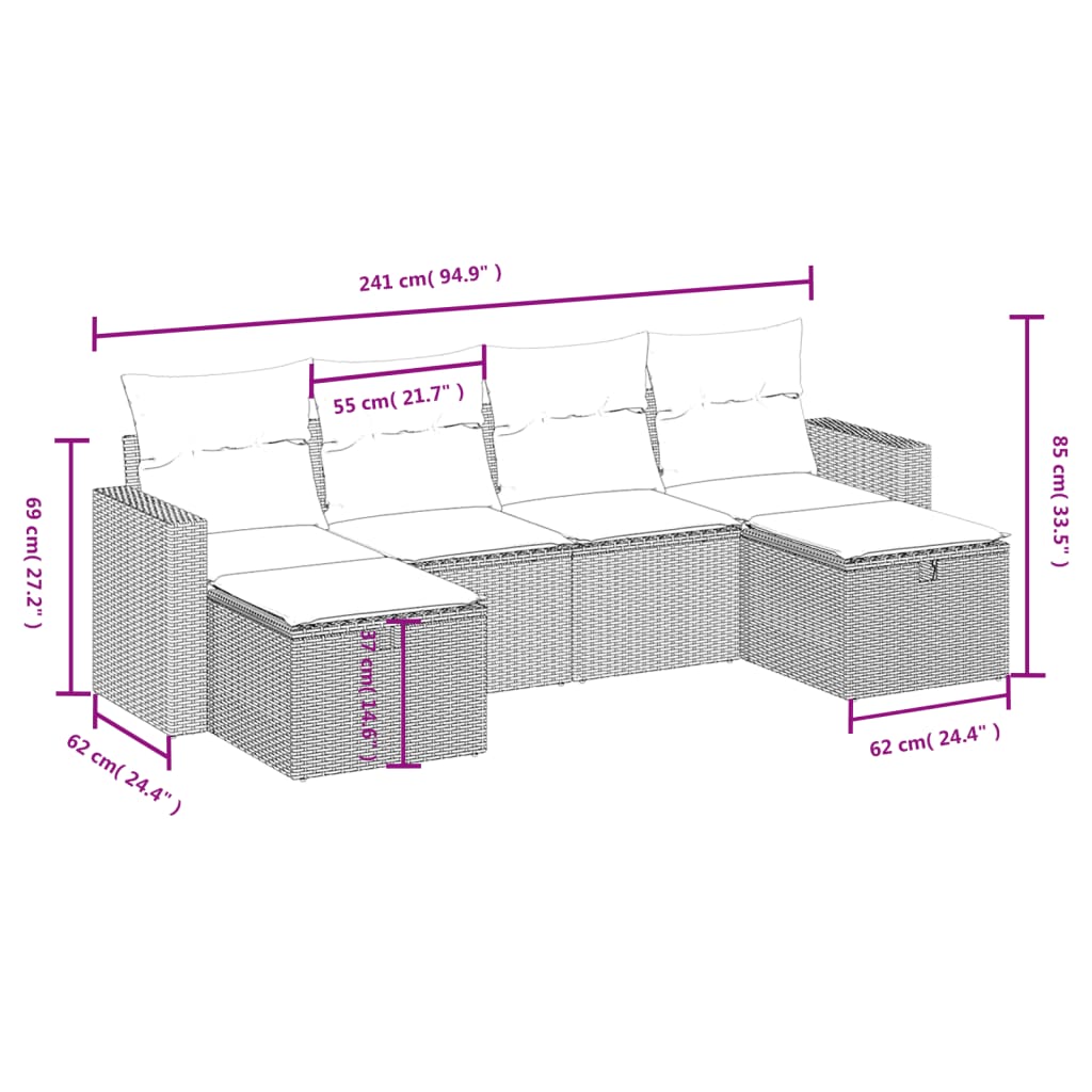 6 pcs conjunto sofás de jardim com almofadões vime cinzento