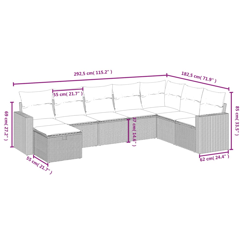 8 pcs conjunto sofás de jardim com almofadões vime PE preto