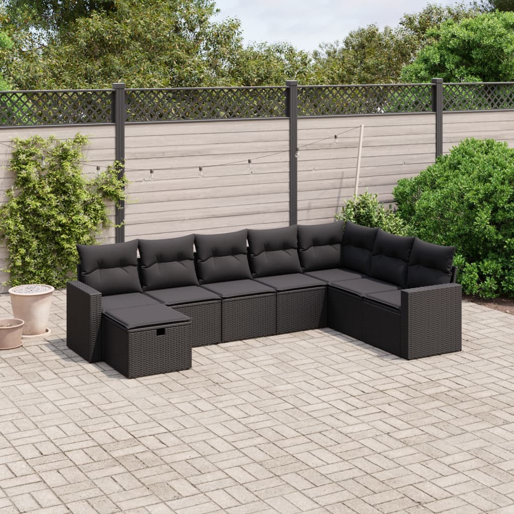 8 pcs conjunto sofás de jardim com almofadões vime PE preto