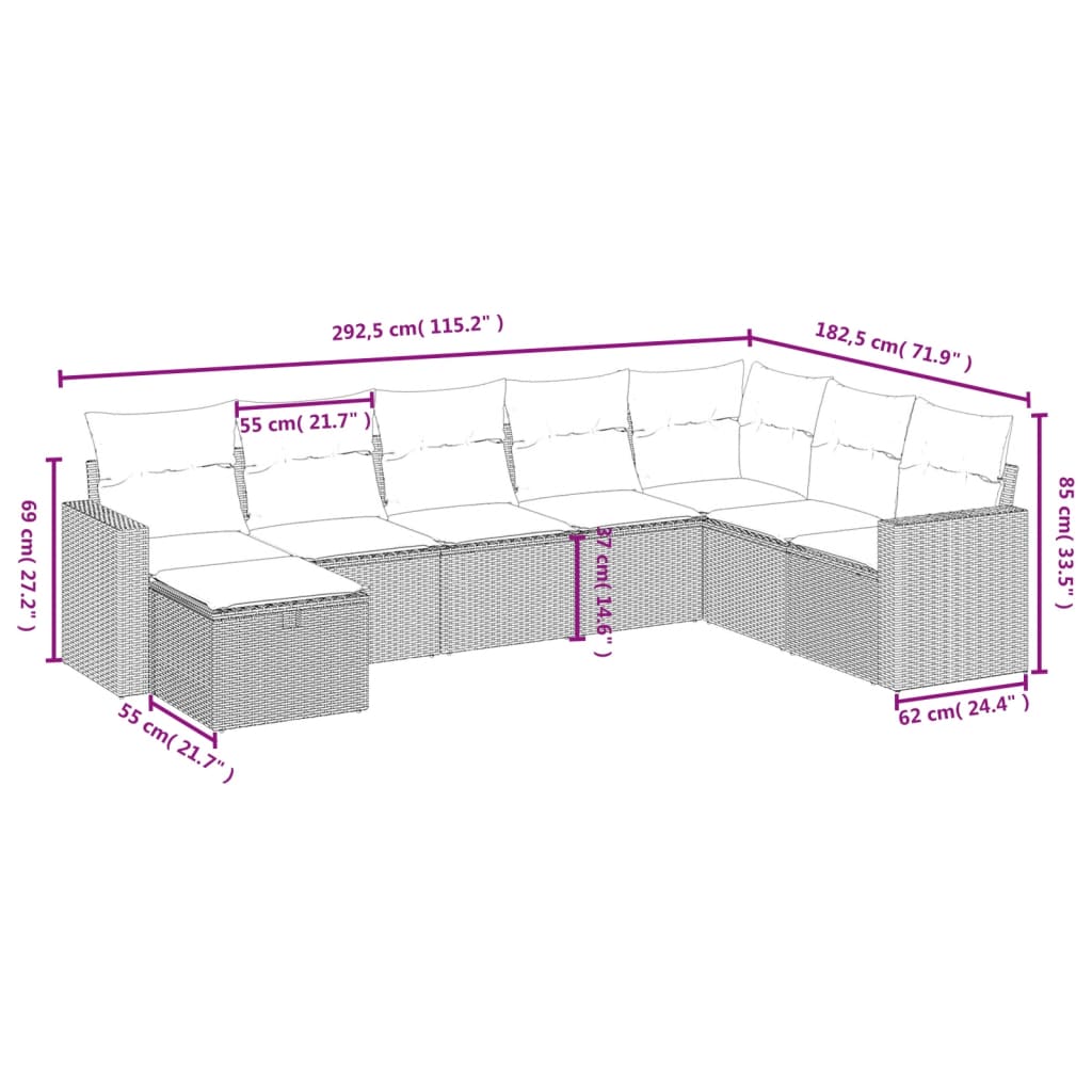 8 pcs conjunto sofás de jardim c/ almofadões vime PE cinzento