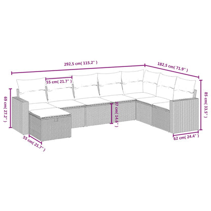 8 pcs conjunto sofás de jardim c/ almofadões vime PE cinzento