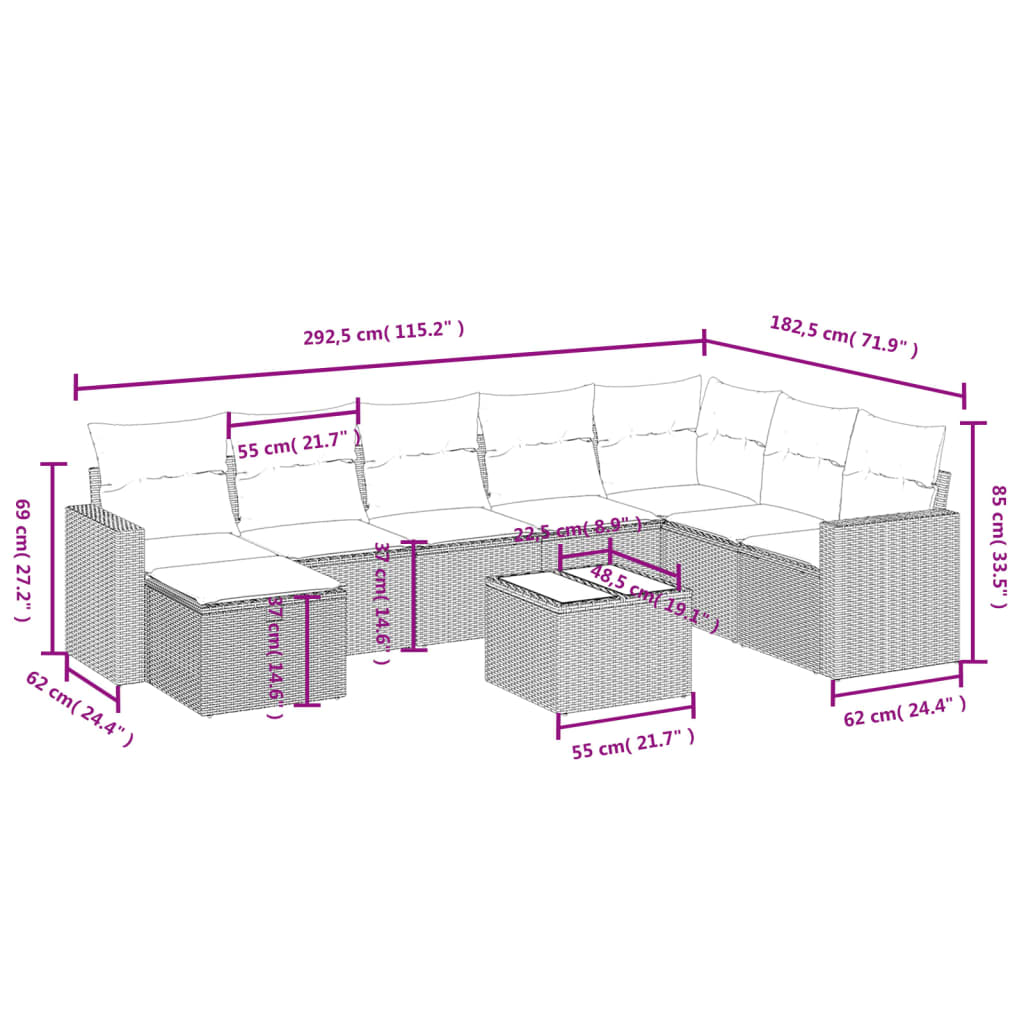 9 pcs conjunto de sofás p/ jardim c/ almofadões vime PE preto