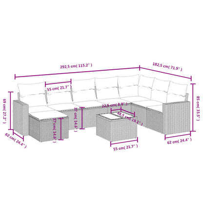 9 pcs conj. sofás jardim com almofadões vime PE cinzento-claro