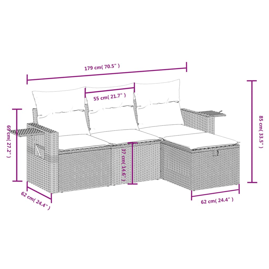 4 pcs conjunto de sofás para jardim c/ almofadões vime PE preto