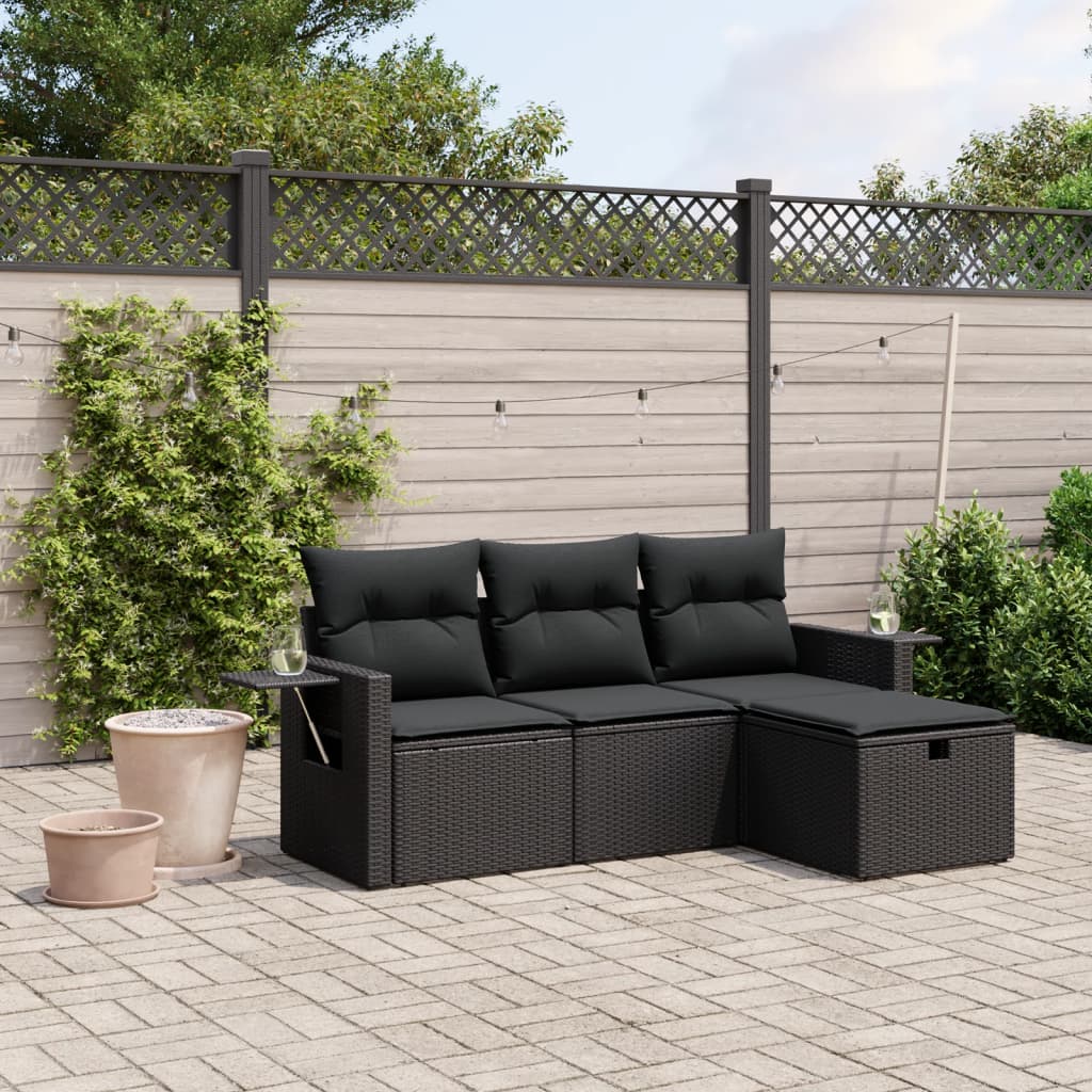 4 pcs conjunto de sofás para jardim c/ almofadões vime PE preto