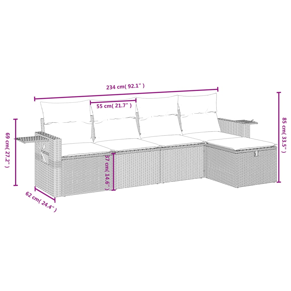 5 pcs conj. sofás jardim c/ almofadões vime PE cinzento-claro