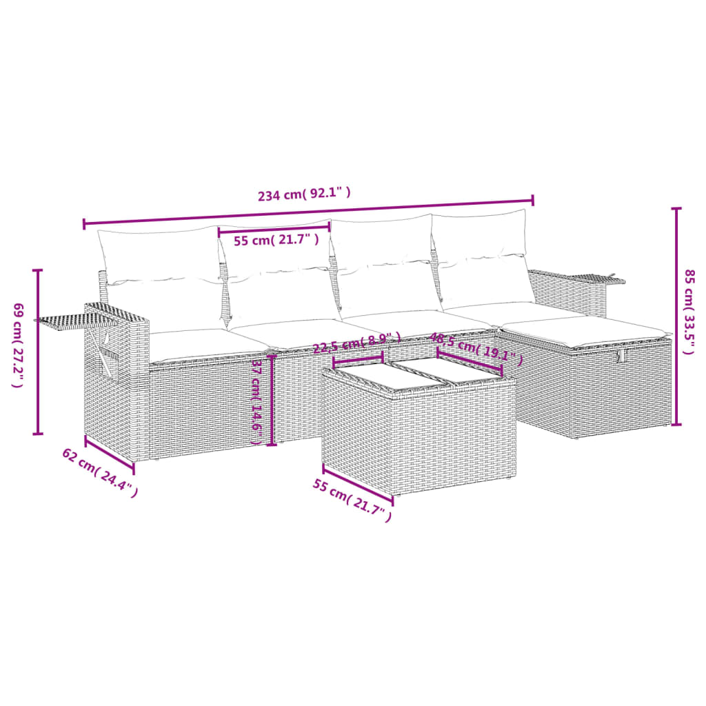 6 pcs conjunto sofás de jardim c/ almofadões vime PE preto