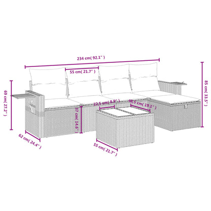 6 pcs conjunto sofás de jardim c/ almofadões vime PE preto