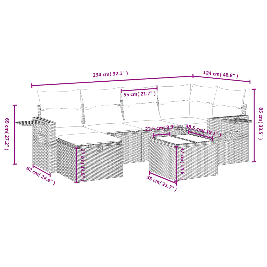 7 pcs conj. sofás jardim com almofadões vime PE cinzento-claro