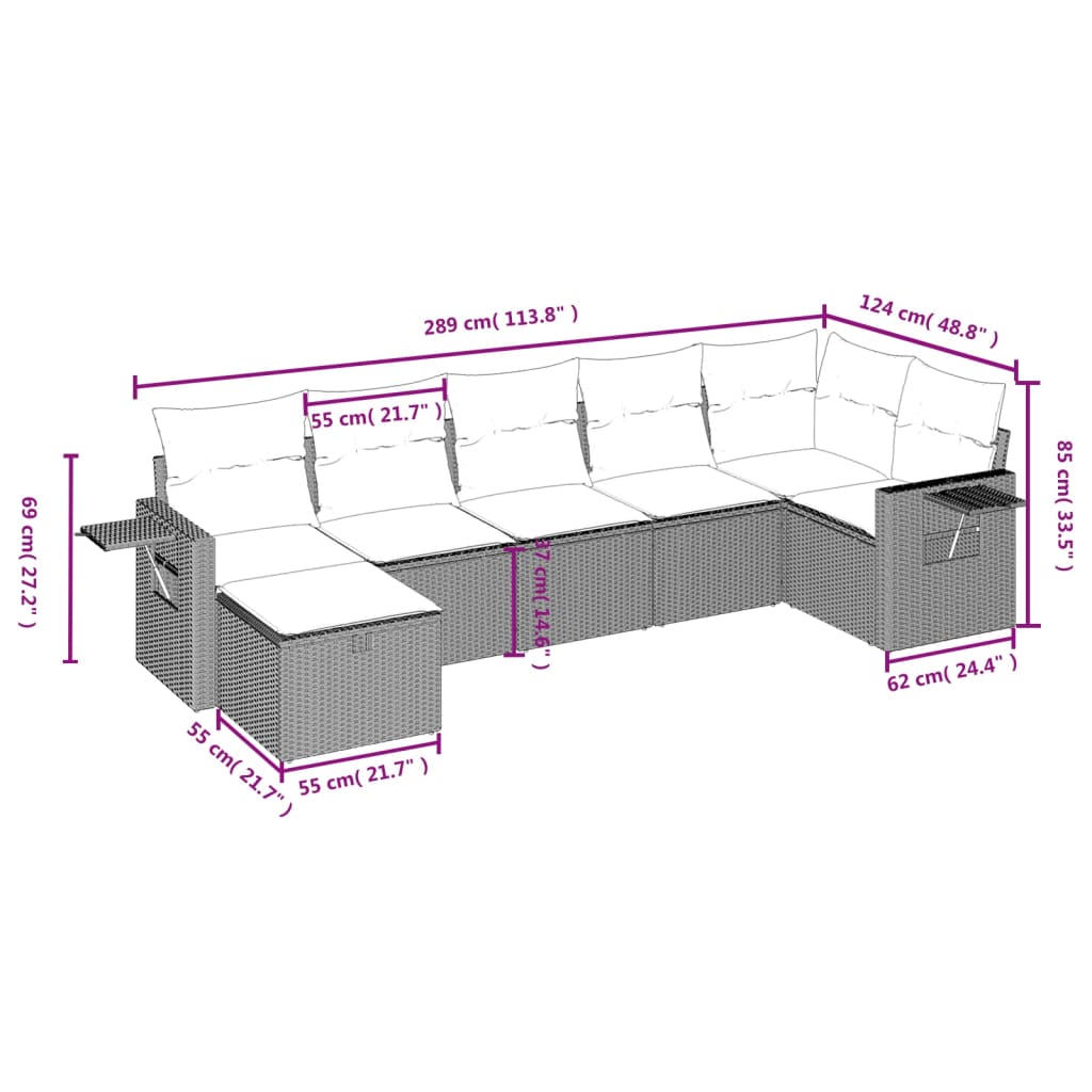 7 pcs conjunto de sofás p/ jardim c/ almofadões vime PE preto