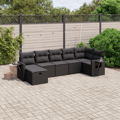 7 pcs conjunto de sofás p/ jardim c/ almofadões vime PE preto