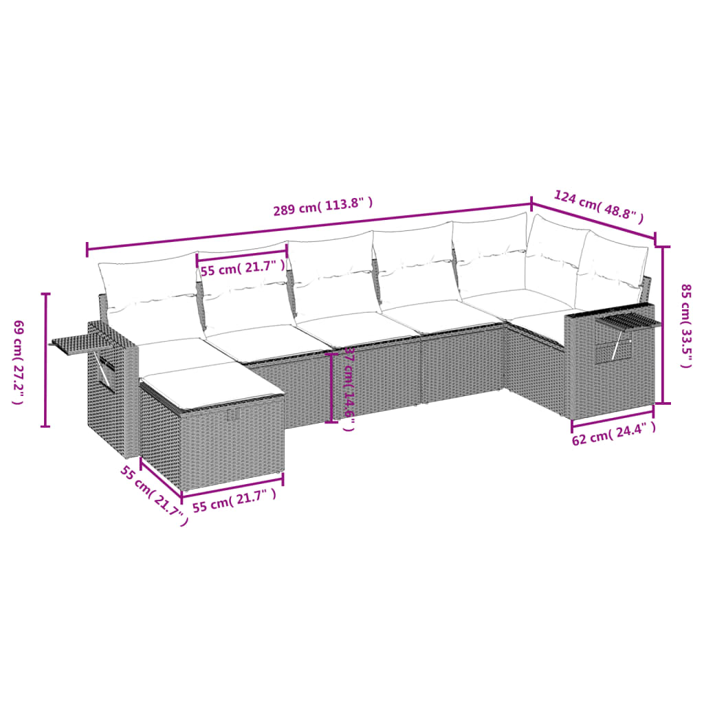 7 pcs conj. sofás jardim c/ almofadões vime PE bege misturado