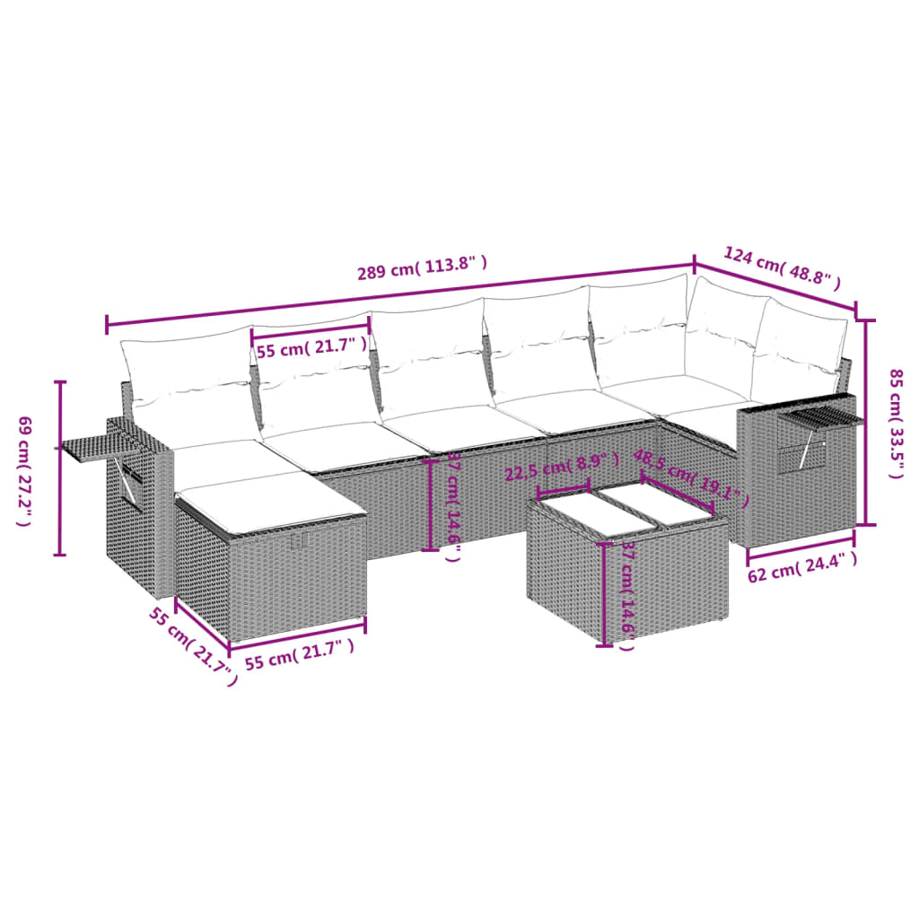 8 pcs conjunto sofás de jardim com almofadões vime PE preto