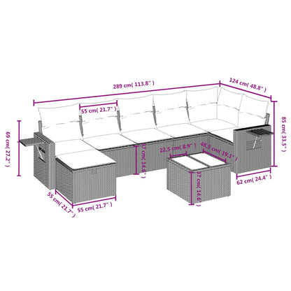 8 pcs conjunto sofás de jardim com almofadões vime PE preto