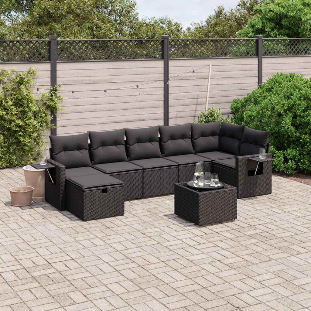 8 pcs conjunto sofás de jardim com almofadões vime PE preto