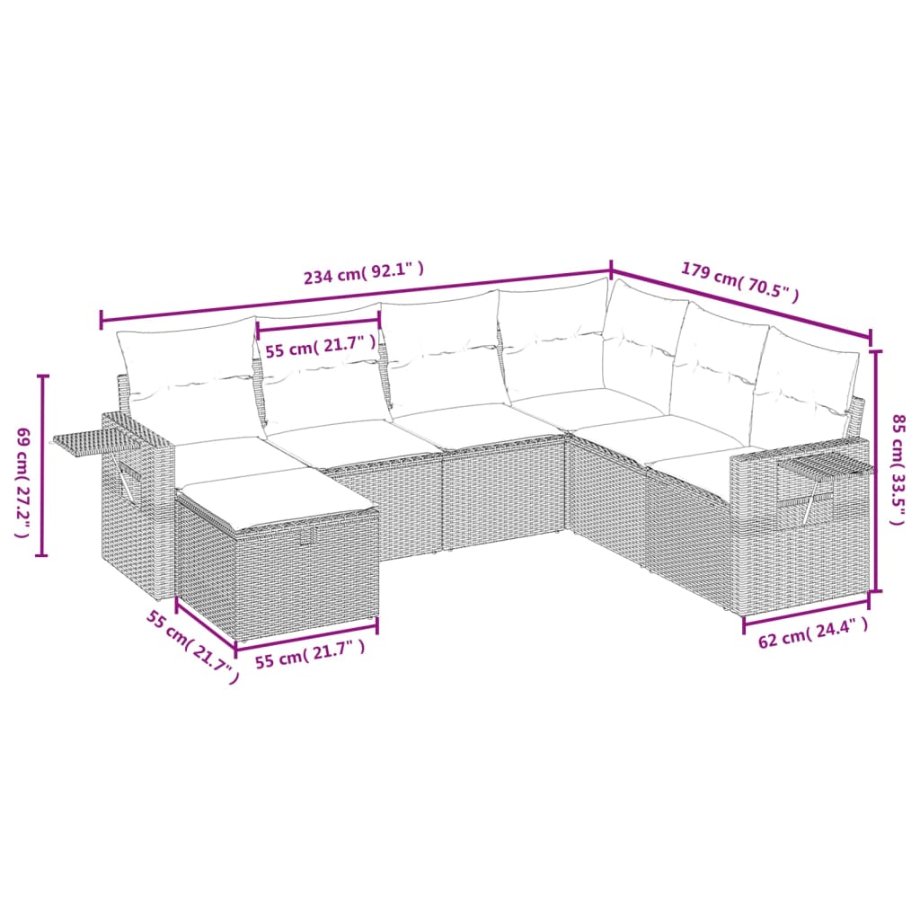 7 pcs conjunto de sofás p/ jardim c/ almofadões vime PE preto