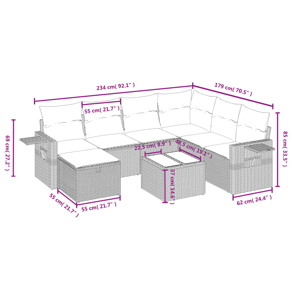 8 pcs conj. sofás jardim c/ almofadões vime PE cinzento-claro