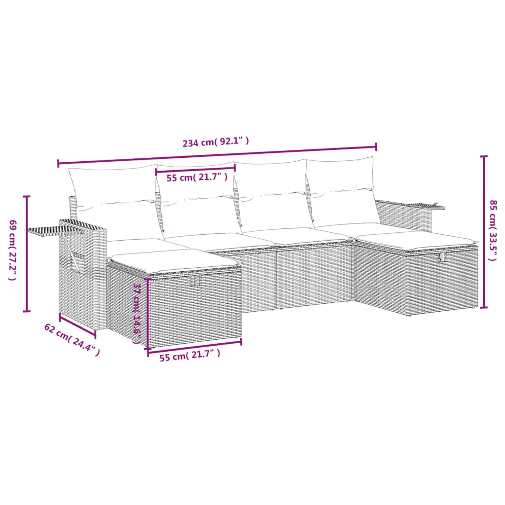 6 pcs conj. sofás jardim c/ almofadões vime PE bege misturado