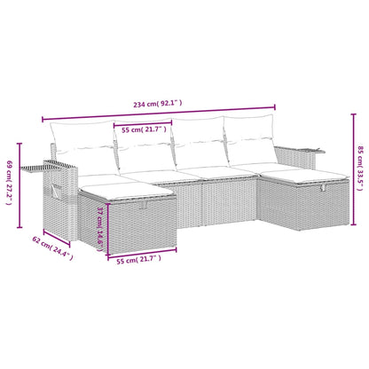 6 pcs conj. sofás jardim c/ almofadões vime PE bege misturado