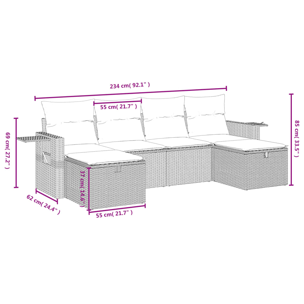 6 pcs conjunto de sofás jardim c/ almofadões vime PE castanho