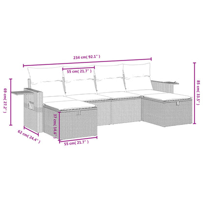 6 pcs conjunto de sofás jardim c/ almofadões vime PE castanho