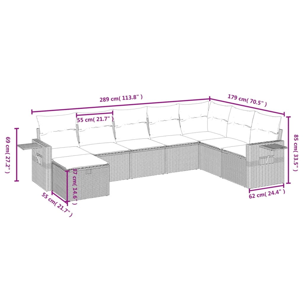 8 pcs conjunto sofás de jardim c/ almofadões vime PE cinzento