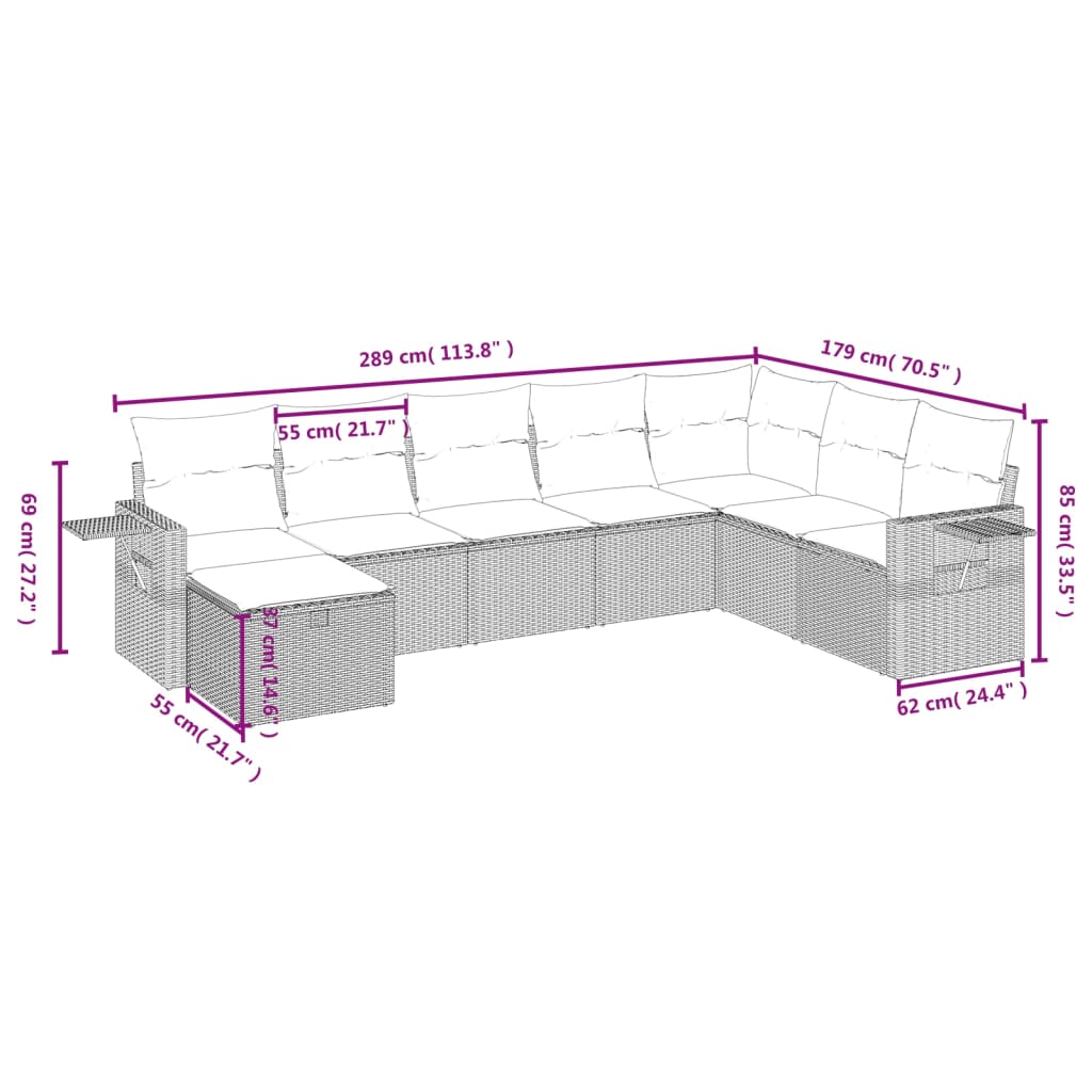 8 pcs conjunto sofás de jardim c/ almofadões vime PE castanho