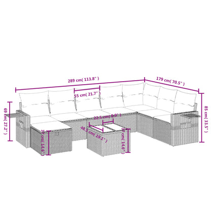 9 pcs conj. sofás jardim com almofadões vime PE cinzento-claro