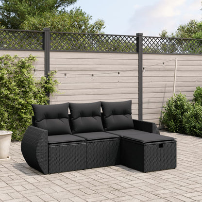 4 pcs conjunto de sofás para jardim c/ almofadões vime PE preto