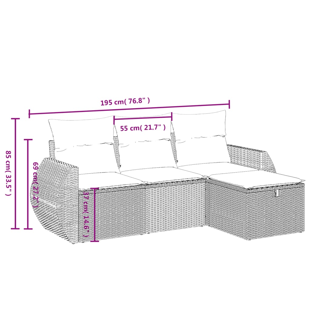 4 pcs conjunto de sofás para jardim c/ almofadões vime PE preto