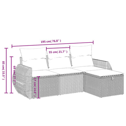 4 pcs conjunto sofás de jardim c/ almofadões vime PE cinzento