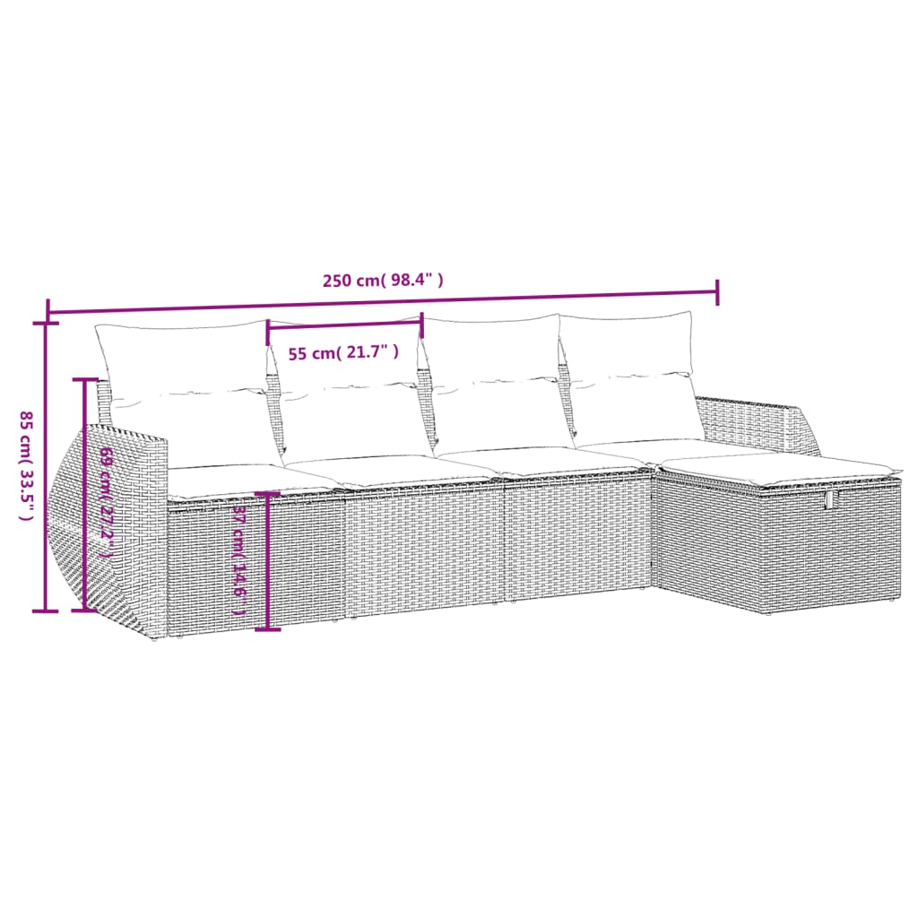 5 pcs conjunto sofás de jardim com almofadões vime PE preto