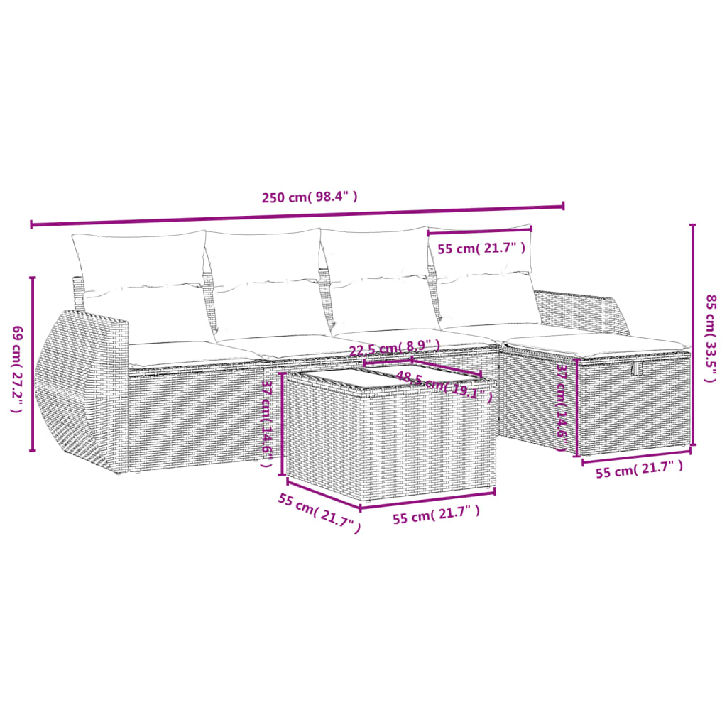 6 pcs conj. sofás jardim com almofadões vime PE cinzento-claro