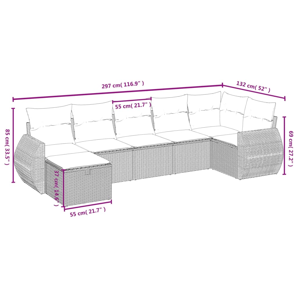 7 pcs conj. sofás jardim com almofadões vime PE cinzento-claro