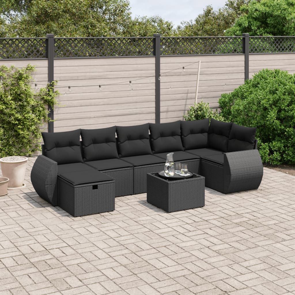 8 pcs conjunto sofás de jardim com almofadões vime PE preto