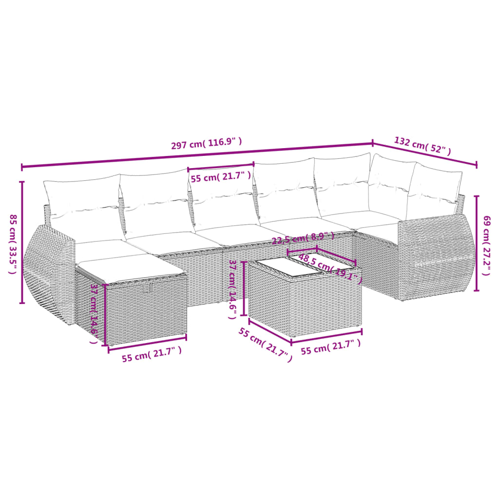 8 pcs conj. sofás jardim c/ almofadões vime PE cinzento-claro