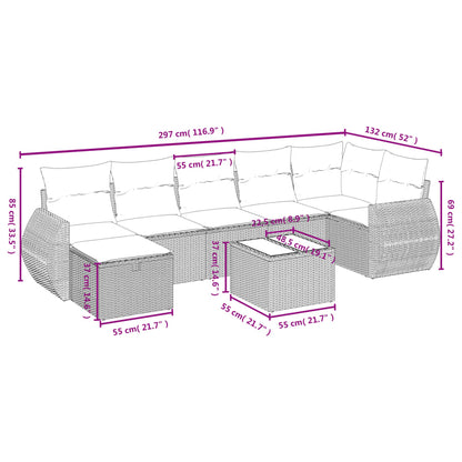 8 pcs conj. sofás jardim c/ almofadões vime PE cinzento-claro