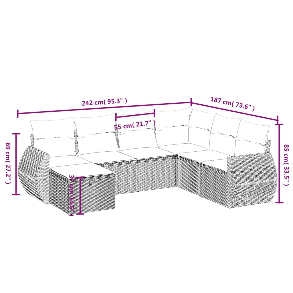 7 pcs conj. sofás jardim com almofadões vime PE cinzento-claro