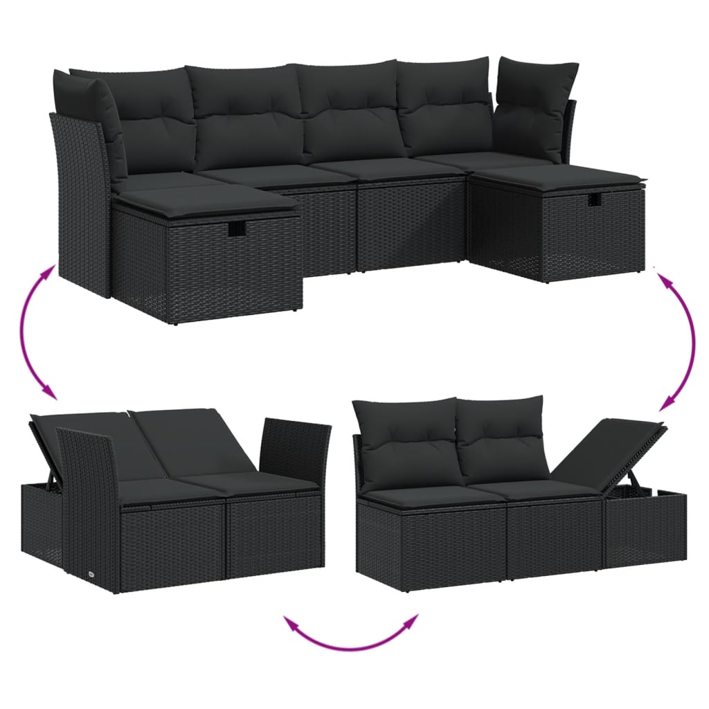 6 pcs conjunto sofás de jardim c/ almofadões vime PE preto