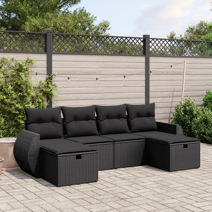 6 pcs conjunto sofás de jardim c/ almofadões vime PE preto