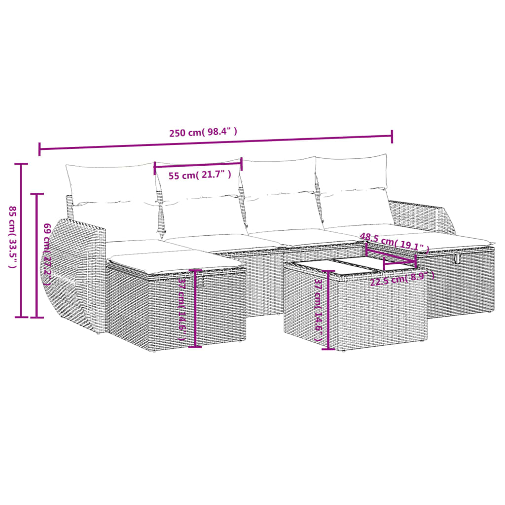 6 pcs conjunto sofás de jardim c/ almofadões vime PE preto