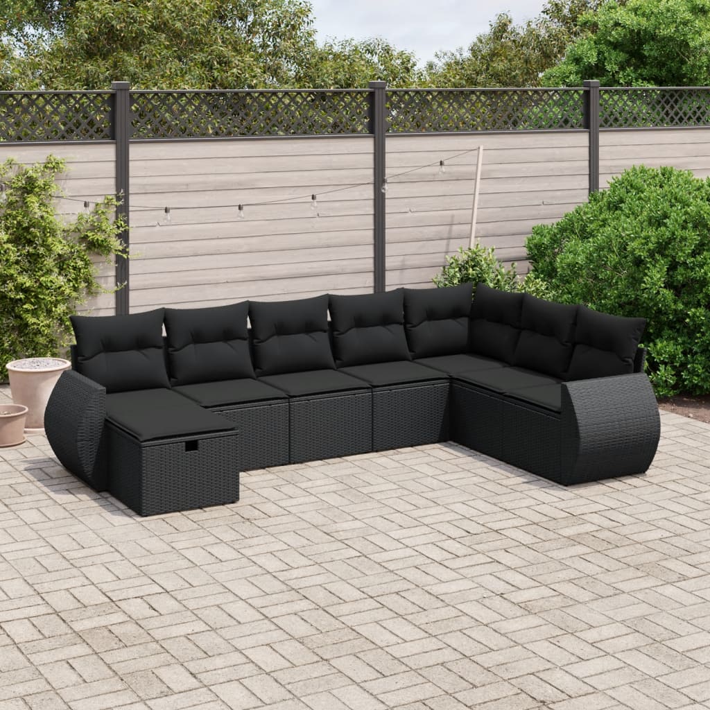 8 pcs conjunto sofás de jardim com almofadões vime PE preto