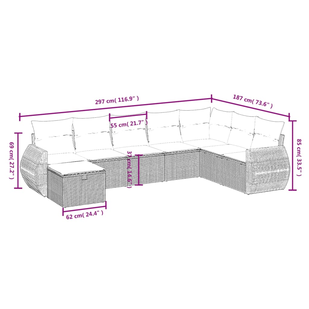 8 pcs conjunto sofás de jardim c/ almofadões vime PE cinzento